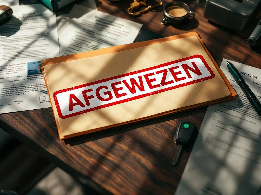Afgewezen sollicitatiemap op bureau met rijbewijs, onvolledige formulieren, verkeersboete en medisch certificaat