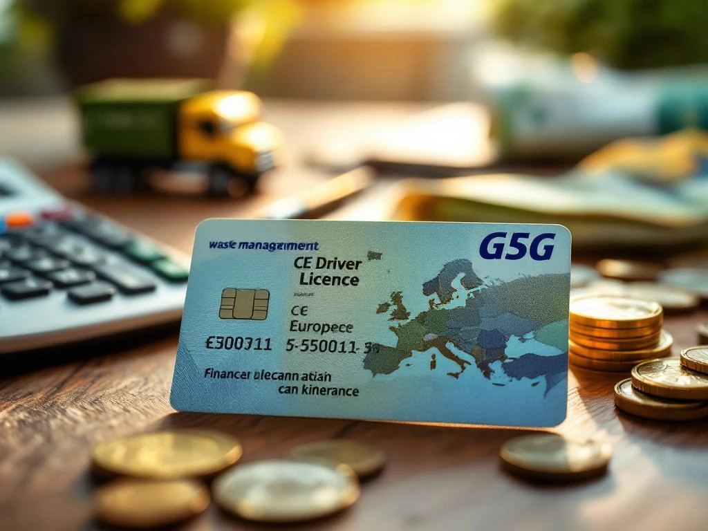 CE rijbewijs op houten bureau met euro's, rekenmachine en groene vrachtwagen miniatuur voor financiële planning