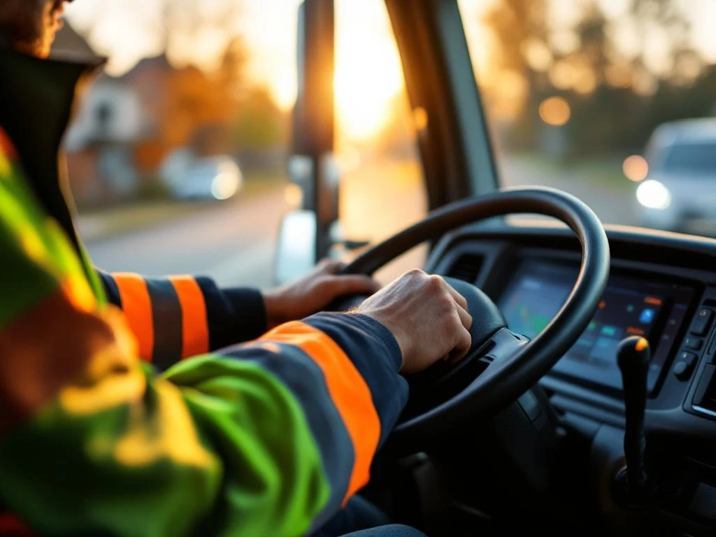 Handen van vrachtwagenchauffeur aan stuur in afvalverwerkingsvoertuig met digitaal dashboard en GPS-navigatie